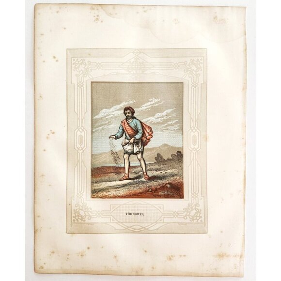 1853 The Seed Sower Rare Colored Engraving Victorian Bible Art Antique DWNN23 - Picture 2 of 4
